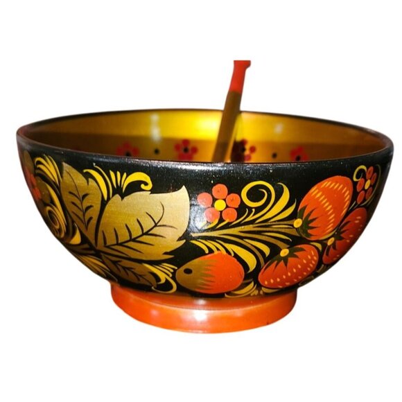 Russian Khokhloma Wooden Bowl & Spoon Set Hand-Painted Floral Red Balck Gold - Picture 2 of 6